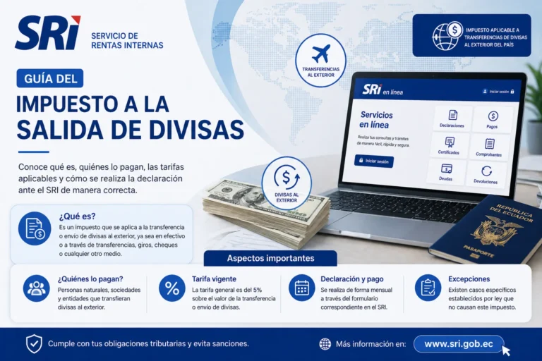 Guía completa del Impuesto a la Salida de Divisas ISD Ecuador 2025. Tasas progresivas, exenciones, declaraciones y obligaciones. Información oficial del SRI sobre transferencias al exterior.
